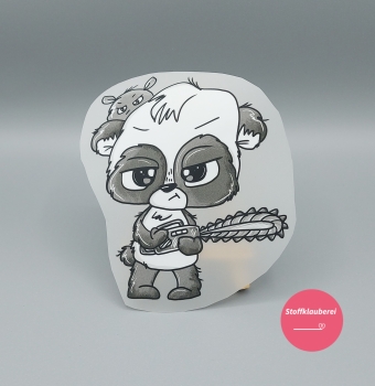 "Kettensägen Panda schwarz" Bügelbild groß (ca. 15,5cm X 13cm)